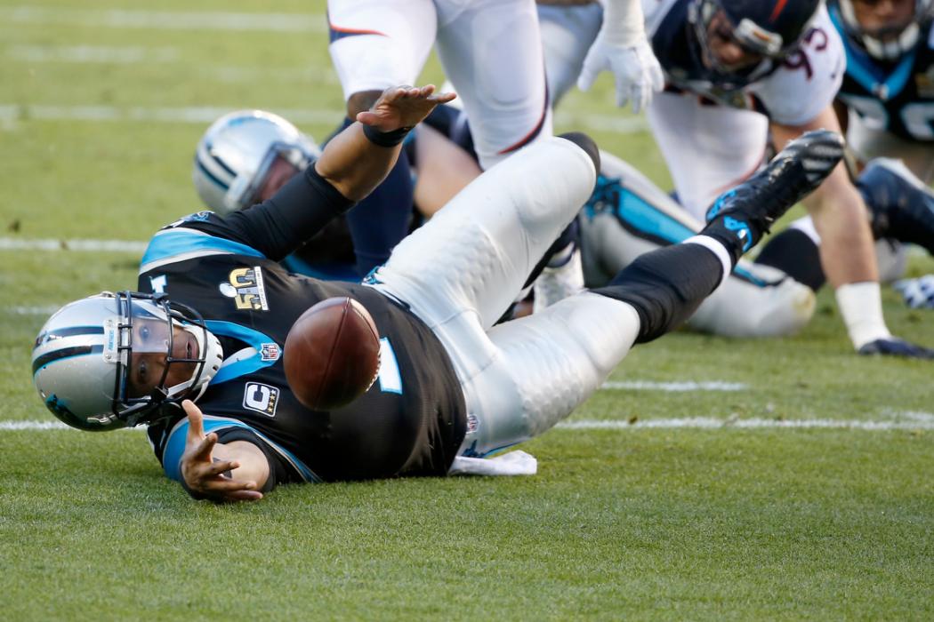 SANTA CLARA, CA - FEBRUARY 07: Cam Newton #1 of the Carolina Panthers fumbles the ball in the first quarter of Super Bowl 50 at Levi's Stadium on February 7, 2016 in Santa Clara, California. The ball was recovered by Malik Jackson #97 of the Denver Broncos in the end zone for a touchdown. (Photo by Sean M. Haffey/Getty Images)