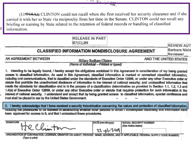 Hillary Clinton SIGNED Nondisclosure STATEMENT